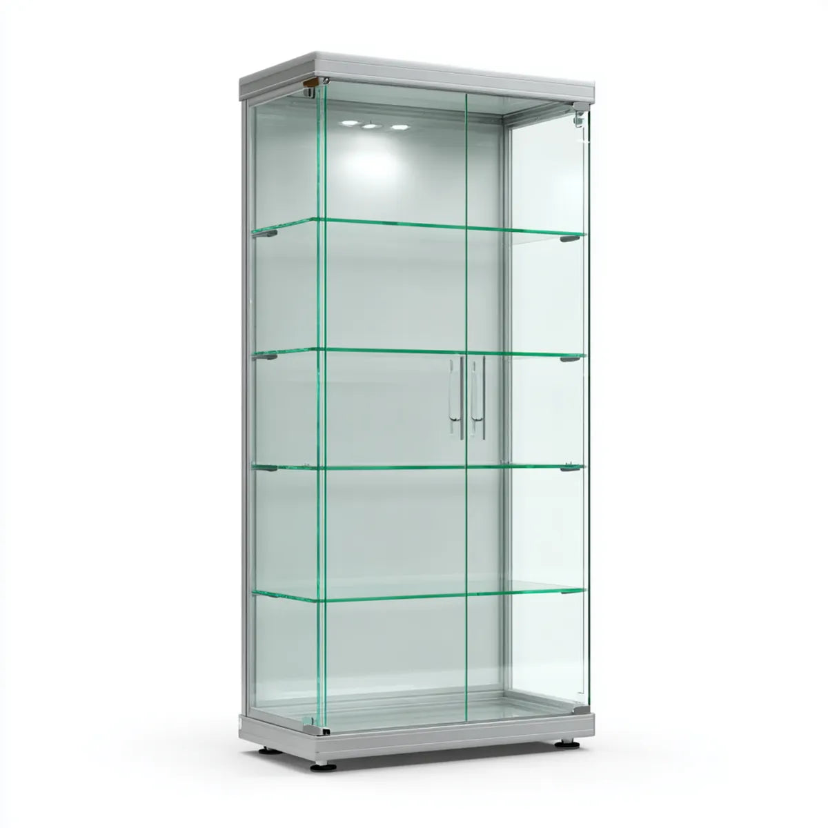 Vitrine de bureau rectangulaire argentée en verre trempé et aluminium 80 x 40 x 180 cm avec portes vitrées et éclairage LED