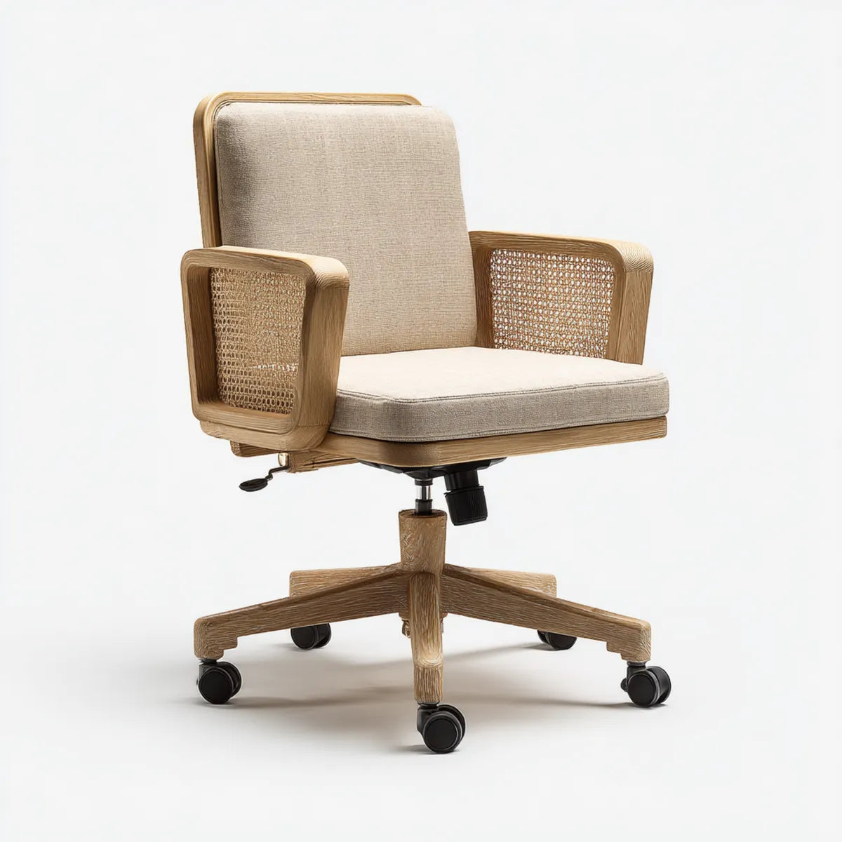 Fauteuil de bureau pivotant beige en bois massif et rotin 65 x 65 x 88-98 cm