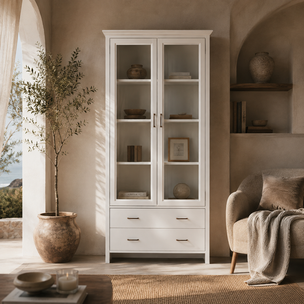 Brynelair Armoire‑bibliothèque blanche 2 portes vitrées et 2 tiroirs