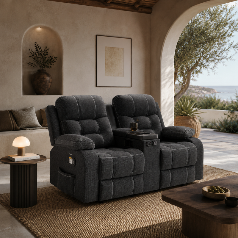 Canapé relax 2 places gris foncé avec accoudoir central et porte‑gobelets
