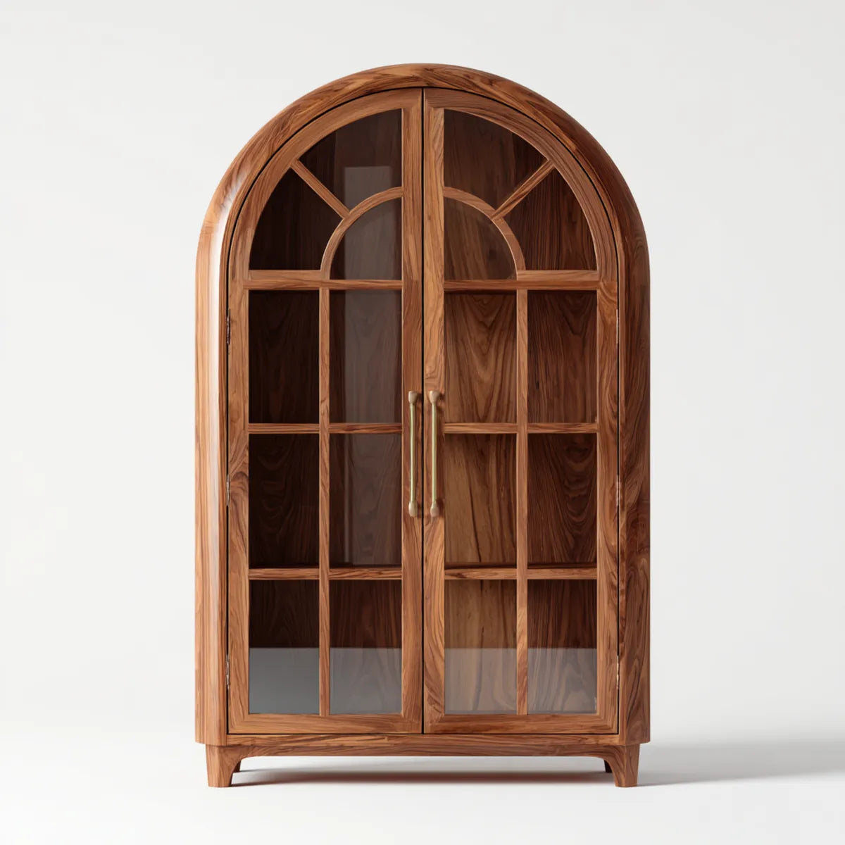 Bibliothèque vitrée 2 portes brun noyer en bois massif et verre trempé forme arche 100 x 45 x 200 cm