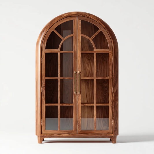 Bibliothèque vitrée 2 portes brun noyer en bois massif et verre trempé forme arche 100 x 45 x 200 cm