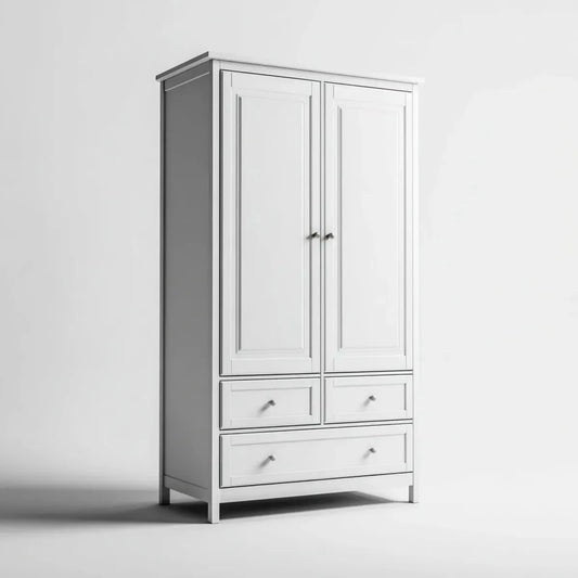 Armoire de chambre blanche rectangulaire en panneaux MDF 100 x 55 x 200 cm avec 2 portes et 3 tiroirs