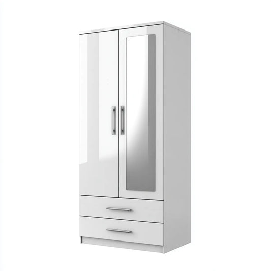 Armoire de chambre blanche 2 portes avec miroir et 2 tiroirs en panneaux de particules 80 x 52 x 180 cm