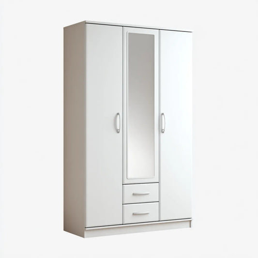 Armoire de chambre 3 portes blanche 120 x 52 x 190 cm en panneaux de particules avec miroir et 2 tiroirs