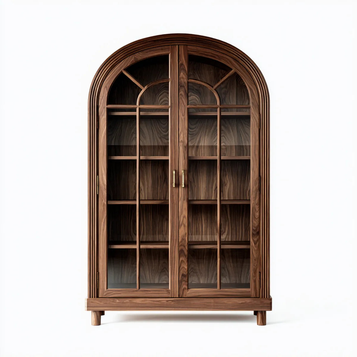 Bibliothèque vitrée 2 portes brun noyer en noyer massif et verre trempé forme arche 100 x 42 x 200 cm