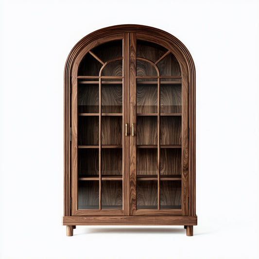Bibliothèque vitrée 2 portes brun noyer en noyer massif et verre trempé forme arche 100 x 42 x 200 cm