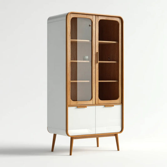 Armoire bibliothèque blanc et chêne naturel en MDF plaqué chêne avec portes vitrées 90 x 40 x 180 cm