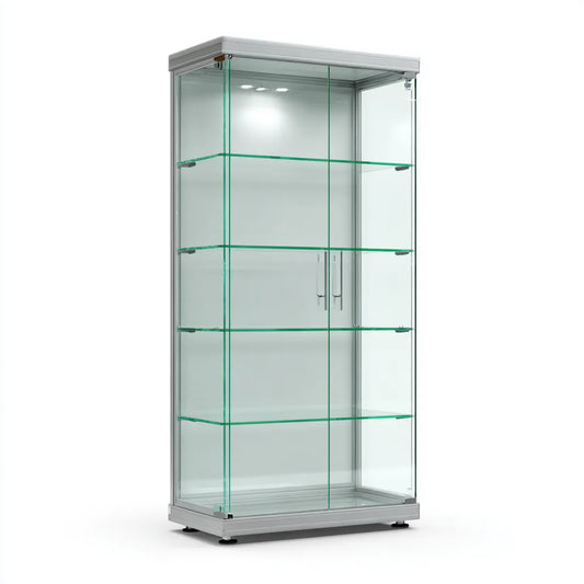 Vitrine de bureau rectangulaire argentée en verre trempé et aluminium 80 x 40 x 180 cm avec portes vitrées et éclairage LED