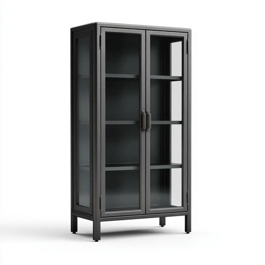 Bibliothèque vitrée 2 portes noire en acier et verre trempé rectangulaire 80 x 40 x 180 cm