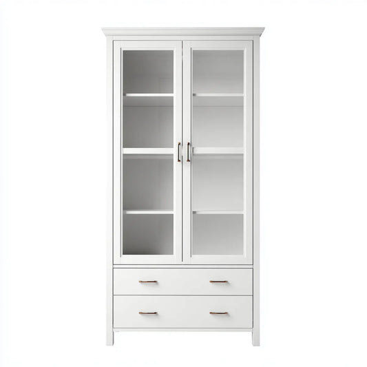 Armoire bibliothèque blanche rectangulaire 90 x 40 x 200 cm en MDF et verre trempé avec 2 portes vitrées et 2 tiroirs