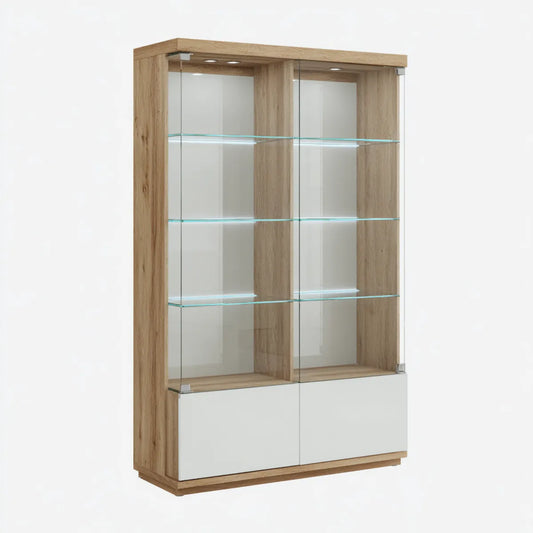 Vitrine de bureau rectangulaire chêne clair blanc en panneaux de particules et verre trempé 100 x 40 x 190 cm