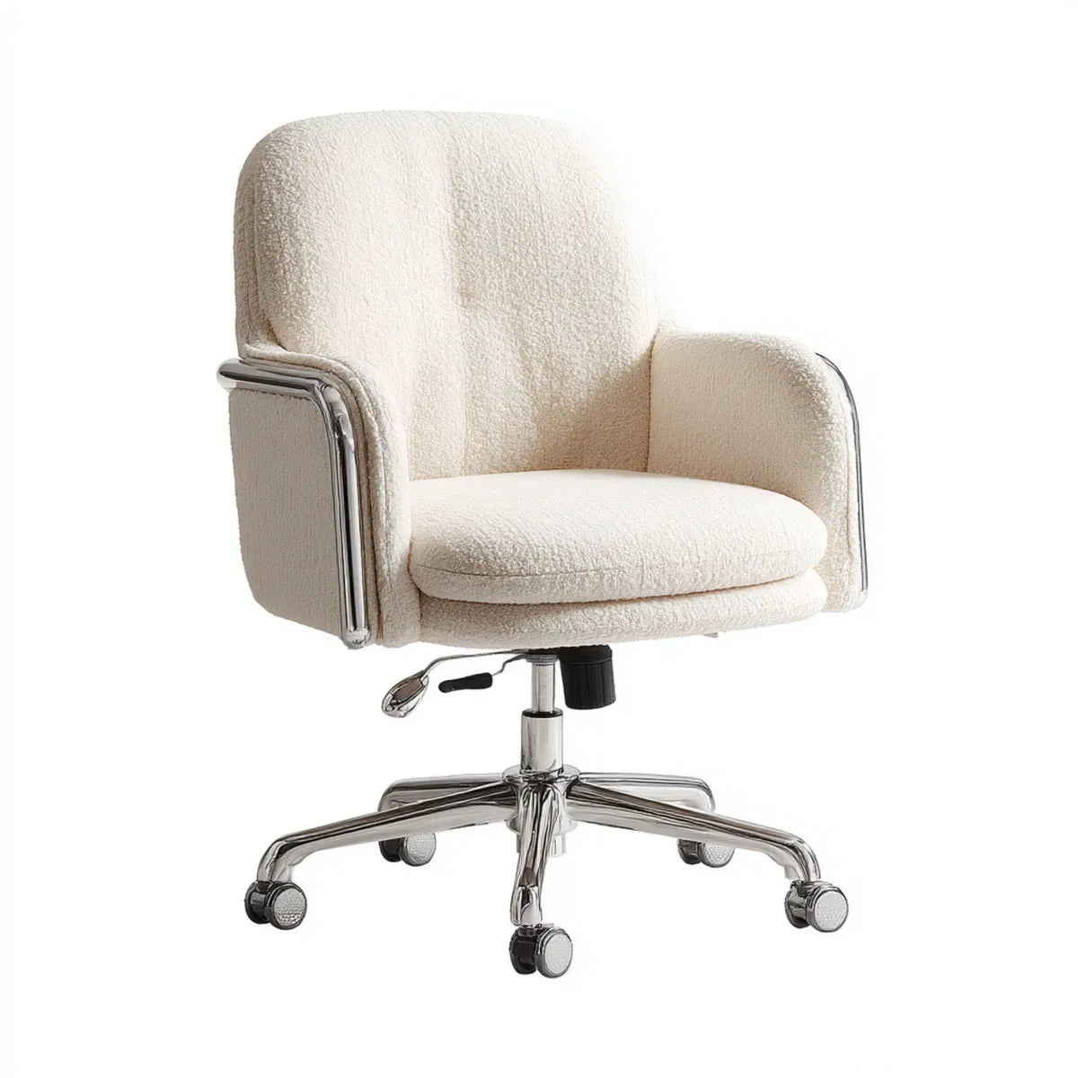Fauteuil de bureau à roulettes crème en polyester bouclé avec accoudoirs 60 x 60 x 80-90 cm