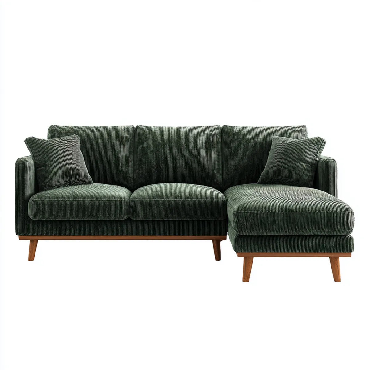 Canapé d'angle 3 places vert foncé en velours côtelé polyester forme L 220 x 145 x 84 cm
