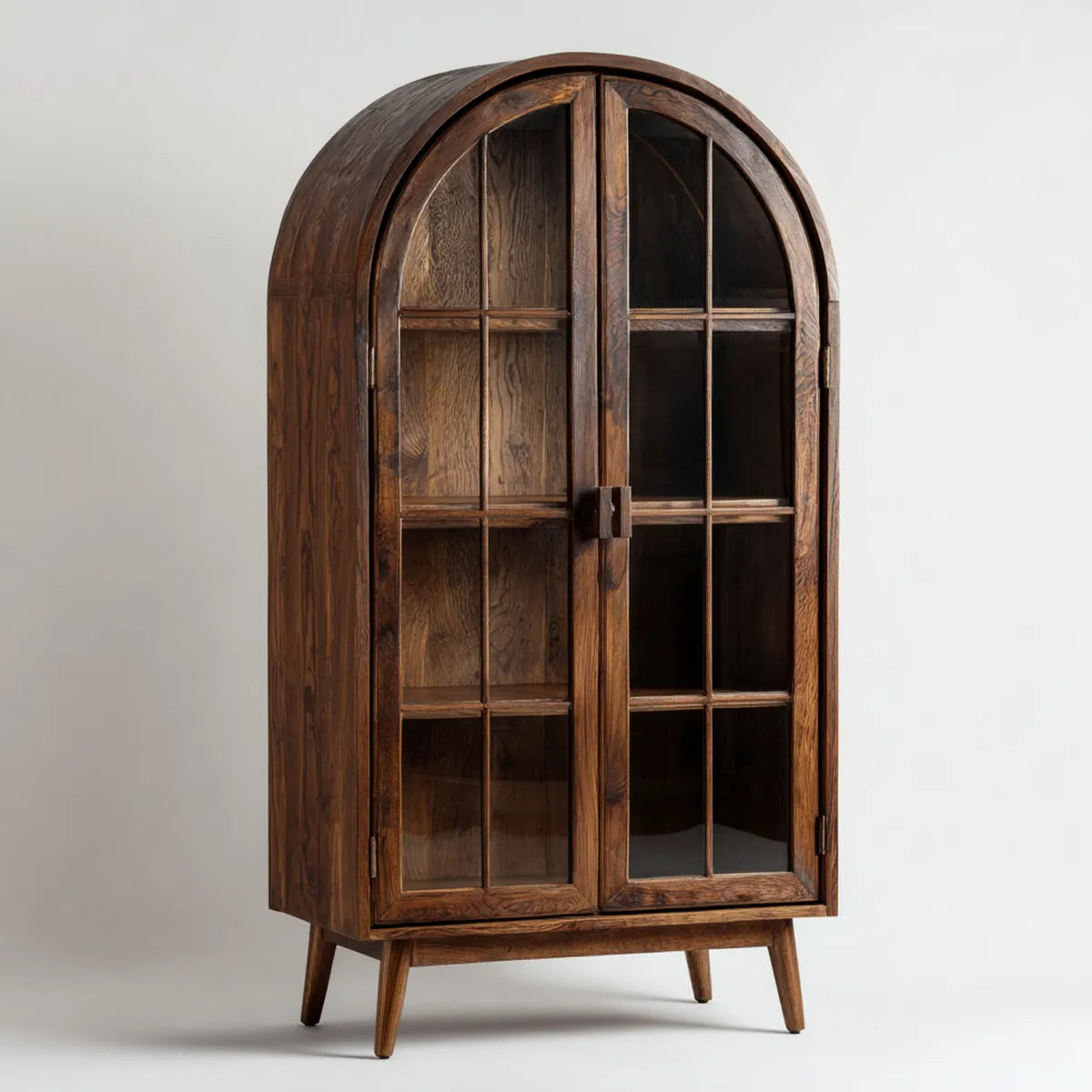 Armoire bibliothèque vitrée marron foncé en bois de manguier massif forme arche 90 x 45 x 180 cm