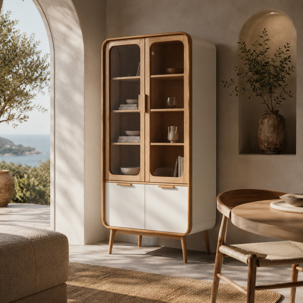 Brynelair Armoire‑bibliothèque blanc et chêne naturel vitrée
