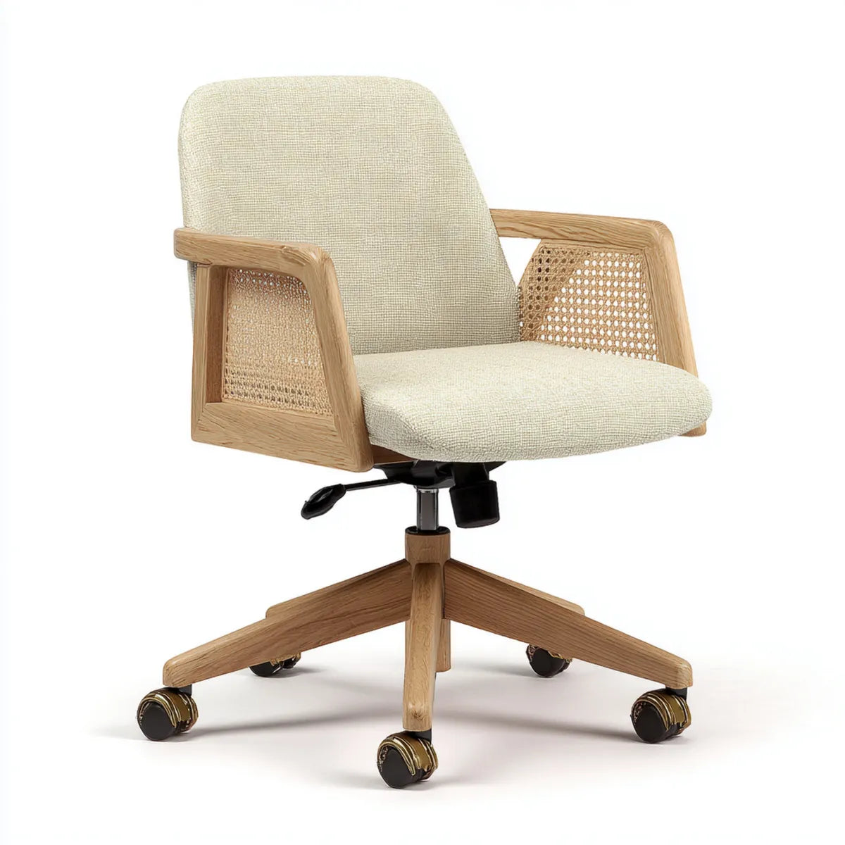 Fauteuil de bureau pivotant beige en polyester et chêne avec cannage en rotin 62 x 62 x 84-94 cm