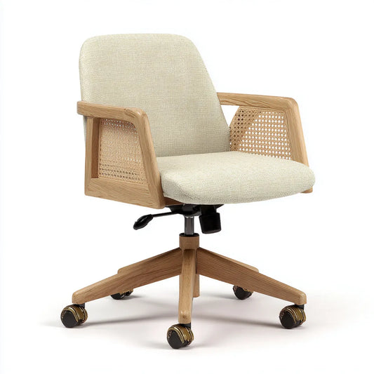 Fauteuil de bureau pivotant beige en polyester et chêne avec cannage en rotin 62 x 62 x 84-94 cm